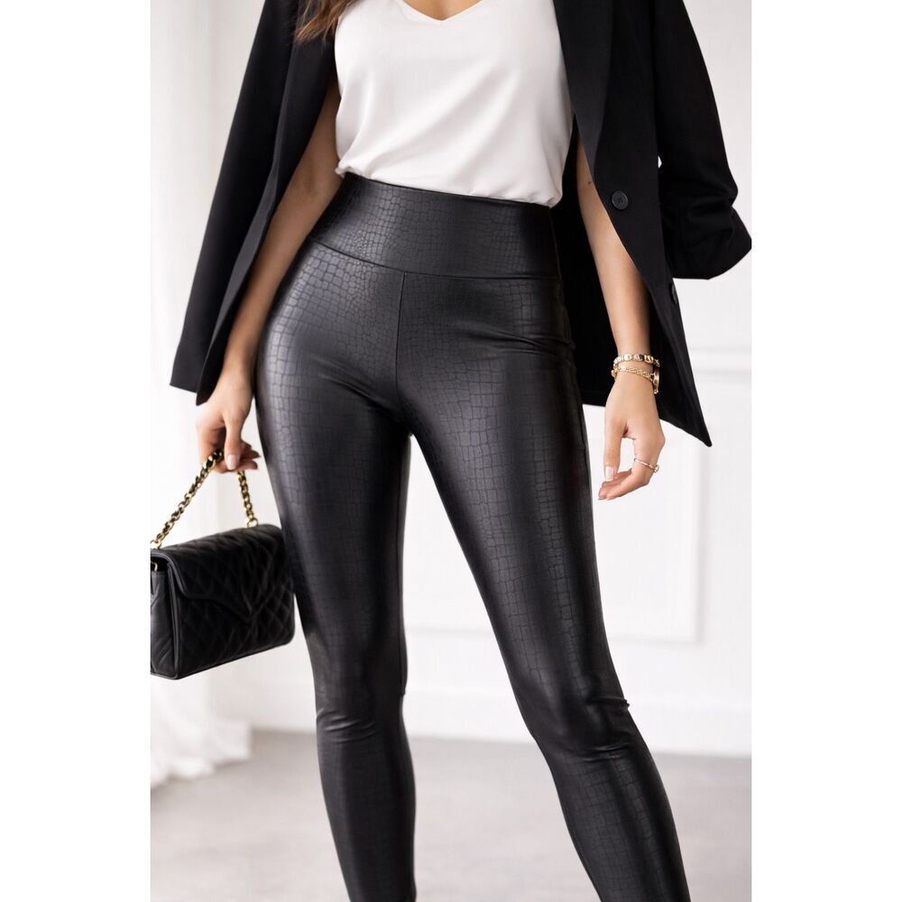 Wild Fable Black Croc Print High Rise Leggings Faux Leather Look Large - Picture 1 of 13